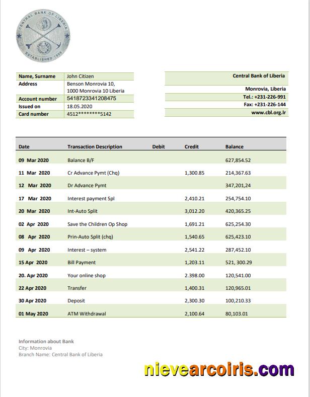 Liberia Central Bank of Liberia bank statement in Word and PDF format